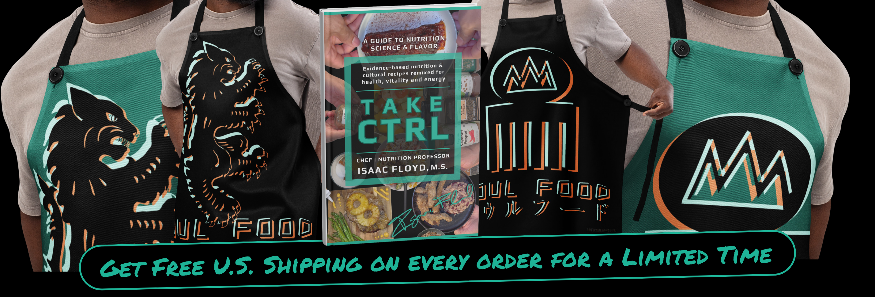 Two people wearing aprons with graphic designs and text overlay on a black background